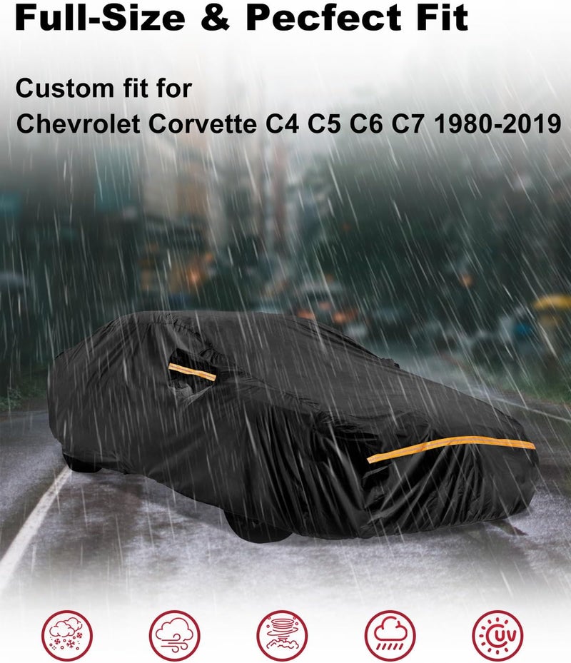 INSAUTO Car Cover for Chevy/Chevrolet Corvette C4 C5 C6 C7 1980-2019 | Heavy Duty Outdoor Full Exterior Cover | Sun, Rain, UV, Dust, and Snow Protection with Door Zipper (Black) - Image 2